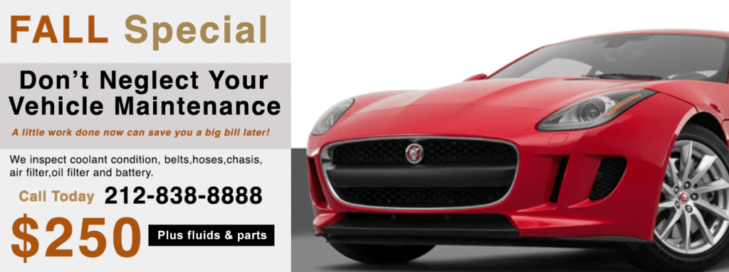 Keep you Jaguar looking and running like new with scheduled service and maintenance special offers at Jaguar-Repair-NYC. We are the #1 dealer alternative for Jaguar service, maintenance and repairs in NYC. We are the Jaguar service center near you in NYC. Come see us today for great Jaguar service, maintenance and repairs in Manhattan, NYC.