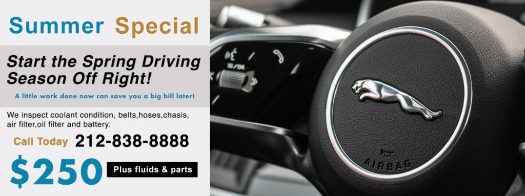 Jaguar service near me NYC. We are the #1 Jaguar dealer alternative for Jaguar service, maintenance and repairs in NYC and the tristate area. Ask about our Jaguar pick up and delivery service where we pick up your Jaguar, perform the needed service, maintenance, or repairs and return your Jaguar to you when finished.