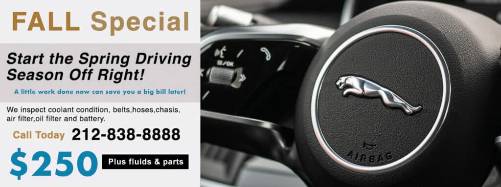 Jaguar service near me NYC. We are the #1 Jaguar dealer alternative for Jaguar service, maintenance and repairs in NYC and the tristate area. Ask about our Jaguar pick up and delivery service where we pick up your Jaguar, perform the needed service, maintenance, or repairs and return your Jaguar to you when finished.